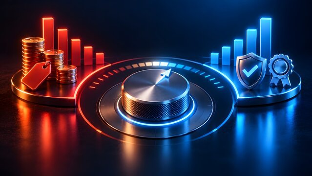 3D futuristic control dial adjusting business strategy between red decreasing costs with coins and blue increasing quality with shield and ribbon awards