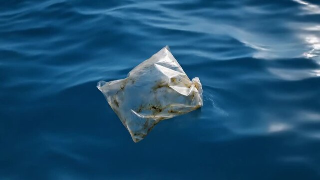 Plastic bag floating on the ocean surface, a symbol of environmental pollution and harm to marine life