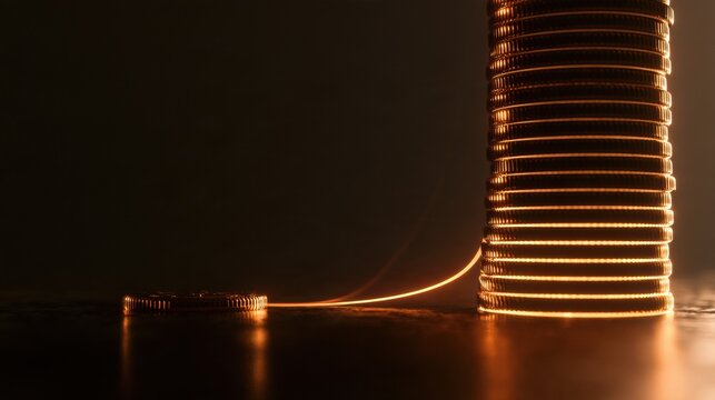 A single amber coin sits at the left while it grows into a tall glowing stack on the right. An exponential growth curve shows time and patience.