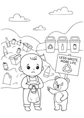Fototapeta premium coloring page book showing a worried child and a small bear beside several recycling bins and scattered waste,