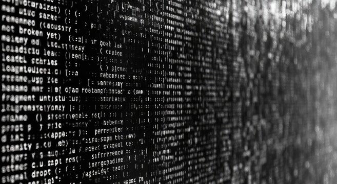 Abstract dark screen filled with dense, complex digital text patterns