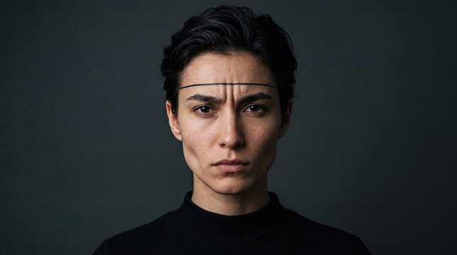 Serious androgynous person with a black line painted on forehead against dark background