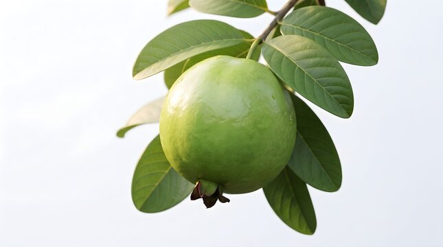Fresh green guava fruit hanging on tree branch with green leaves isolated on white background