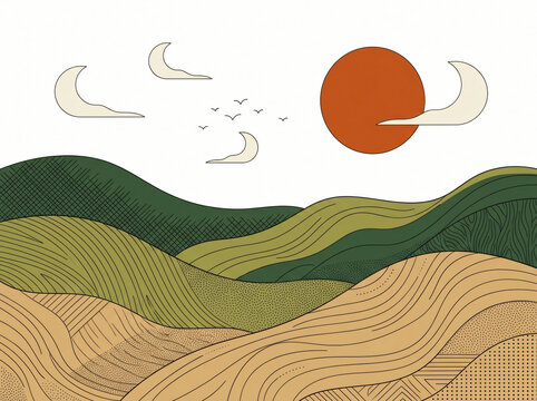 Abstract minimalist landscape illustration with rolling hills and sun.