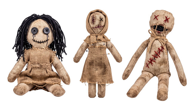 Three creepy burlap voodoo dolls with stitches on transparent