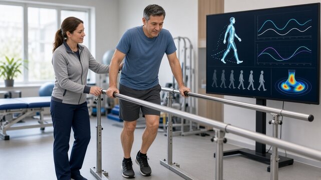 PT guiding patient with AI gait analysis screen