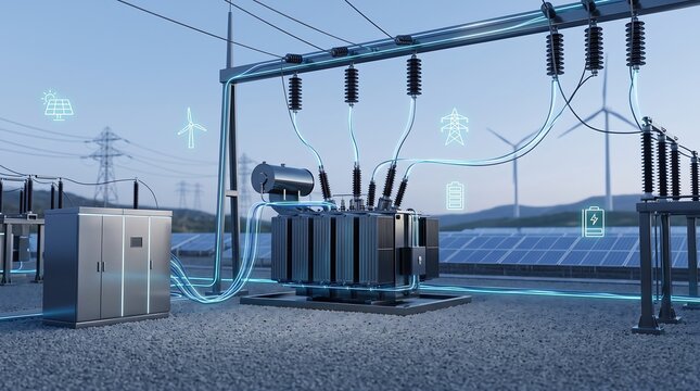 High voltage electrical power substation with transmission towers connected to renewable energy icons in a sustainable energy grid concept for modern industrial power distribution