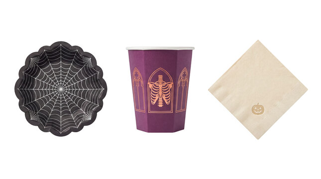 Halloween supplies with spiderweb plate, skeleton cup and napkin