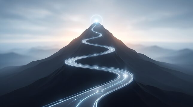 Winding road leading to glowing mountain peak representing success and achievement as abstract digital concept for business growth strategy and vision in modern 3d visualization