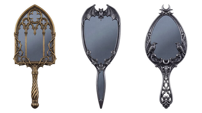 Three ornate gothic hand mirrors with fantasy and antique designs