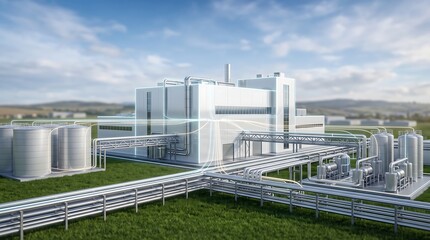 Fototapeta premium Industrial factory complex with storage tanks and pipeline network featuring digital energy flow visualization for sustainable manufacturing and smart plant infrastructure