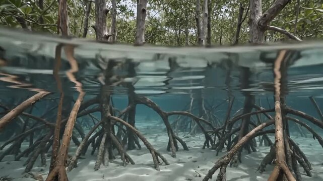 Mangrove Roots Underwater: Intricate mangrove roots spread into the clear turquoise water, showcasing the unique ecosystem and coastal habitat above and below the surface.
