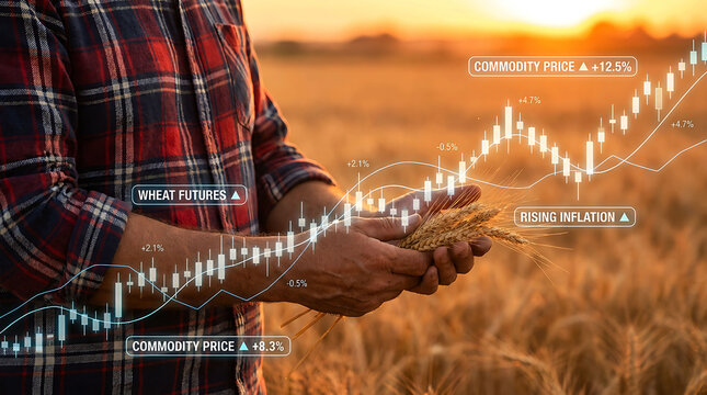 Farmer holding wheat harvest with digital stock market charts and inflation trends