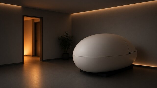 Float tank room with soft amber hallway glow