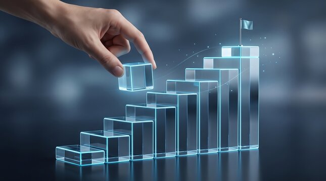 Human hand placing glass block on growing staircase graph to reach goal flag representing business development and professional success in corporate strategic planning environment