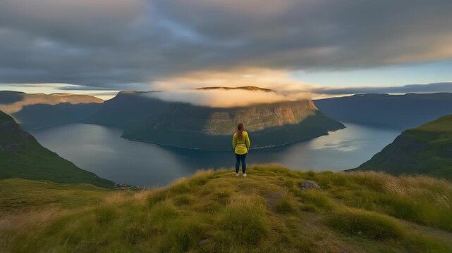 Woman in yellow jacket standing on mountain ridge looking at fjord view timelapse