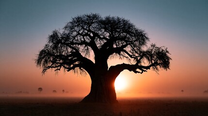 Obraz premium Ancient Baobab Tree Silhouette in Misty African Sunrise