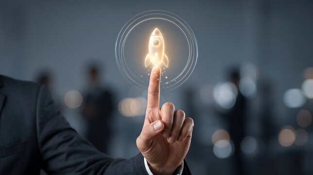 Glowing rocket ship icon inside digital circle being touched by finger representing project launch and business momentum in corporate office setting for success and innovation