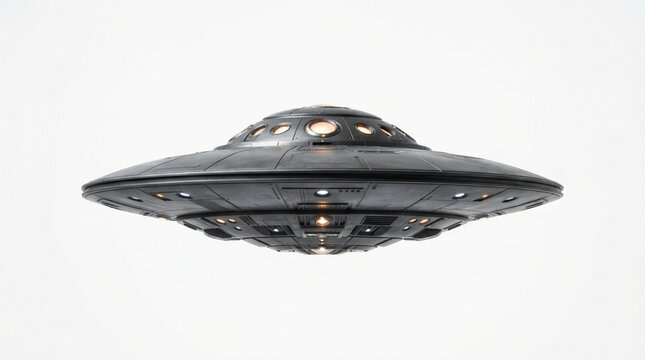 A sleek, dark grey futuristic UFO flying saucer hovering with glowing lights and metallic hull panels, isolated on a plain white background for science fiction concepts