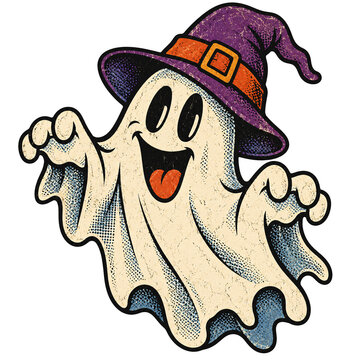 Drawn illustration of happy white ghost character wearing purple witch hat smiling with open arms