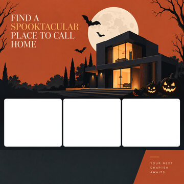 Modern luxury house at night under full moon with halloween pumpkin decorations on dark orange