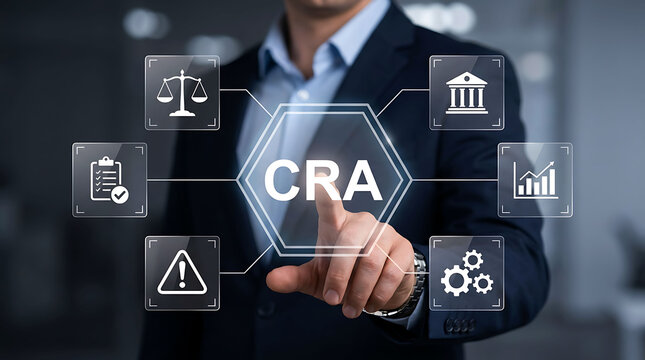 Businessman touching digital screen with CRA acronym interface and icons