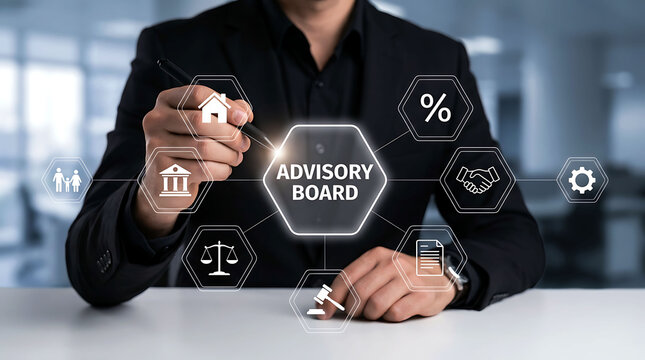Businessman pointing at advisory board concept with digital icons in office