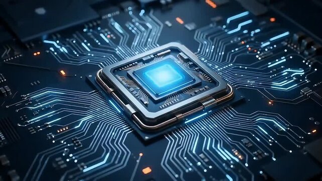 Close up of a central processing unit on a computer motherboard with glowing circuit paths processor chip technology