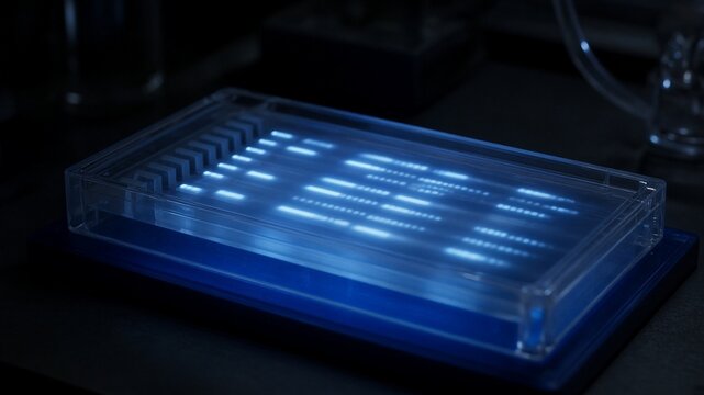Gel electrophoresis tray with glowing DNA bands