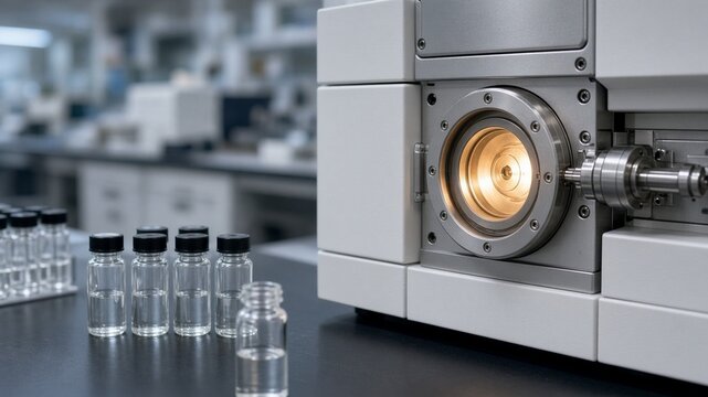 Mass spectrometer inlet glowing in analytical lab