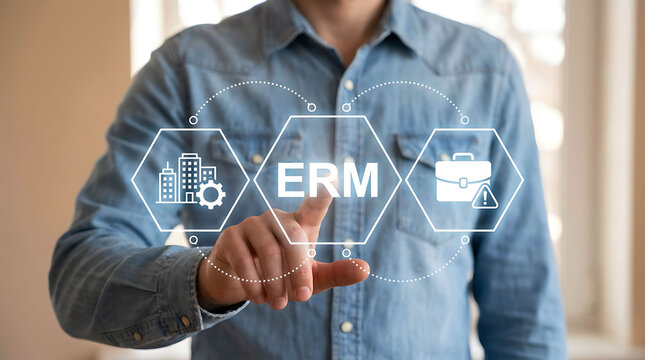 Businessman pressing Enterprise Risk Management ERM virtual button on screen
