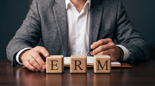 Professional man in grey jacket placing wooden blocks with ERM acronym text
