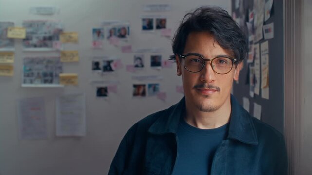 Young male film director in glasses looking confidently at camera in studio, with casting board and preproduction references on wall in background. Video portrait