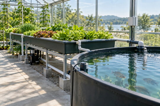 Modern smart agriculture, Symbiotic aquaponics setup producing organic salad crops and fish together