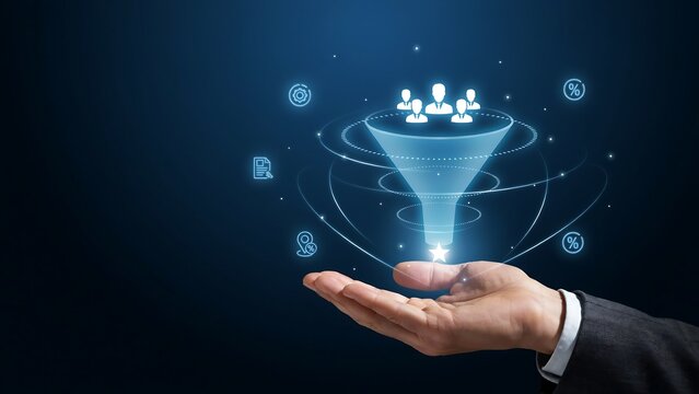 Hand holding abstract sales funnel with people icons in digital network during data analysis concept