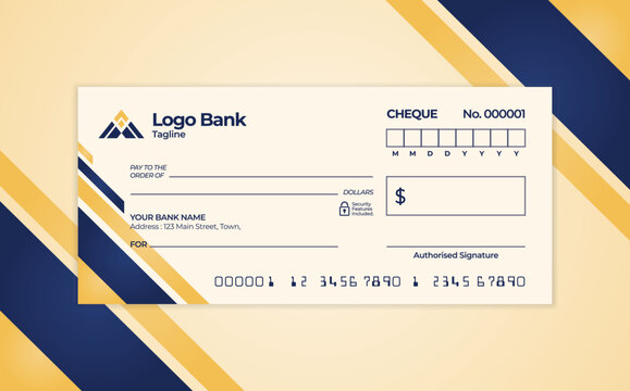 Blank bank check. Checkbook cheque template. Checkbook cheque template with yellow and blue color theme. Money payment voucher or pay cash cheque certificate.