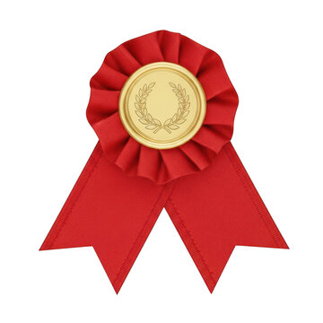 Gold medal rosette with red ribbons and laurel wreath, symbolizing achievement and victory in award ceremonies.