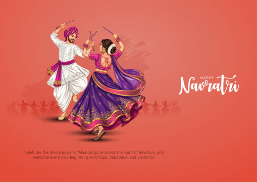 Garba Night poster for Navratri Dussehra festival of India. vector illustration design of peoples playing Dandiya dance.