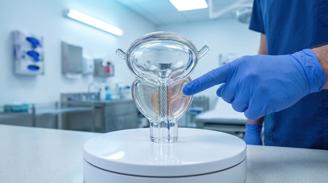 Doctor Pointing at Transparent Anatomical Prostate Model Demonstrating Prostatic Urethral Stent Procedure