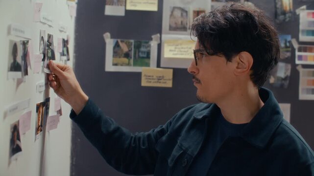 Thoughtful film director replacing photo of actor on casting board wall, pondering character roles during preproduction work in creative studio. Side profile view