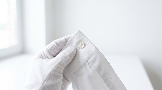 Gloved hand meticulously inspecting the pristine cuff and button of a crisp white dress shirt