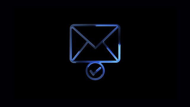 Glowing neon blue email box and check mark verified icon animation.