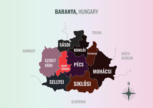 Baranya Hungary County into District in a minimalist colorful style map showing