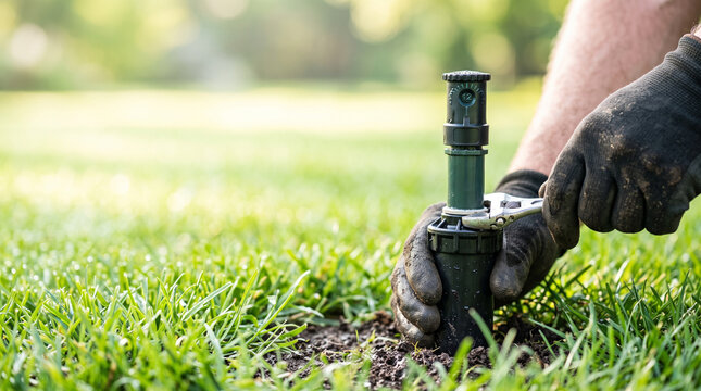 Gloved hands adjusting a green garden sprinkler head with a wrench in a vibrant green lawn
