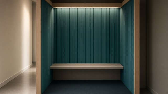 Bookable phone booth with teal acoustic panels