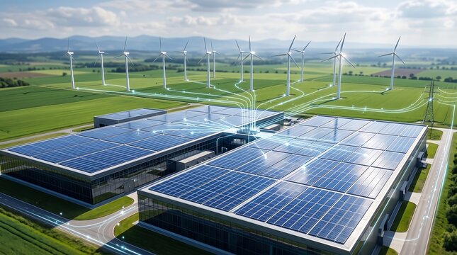 Large solar panel farm on industrial factory rooftops connected to wind turbines in rural green landscape with digital energy flow visualization