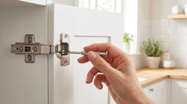 Hand adjusting kitchen cabinet door hinge with a screwdriver for proper alignment during installation