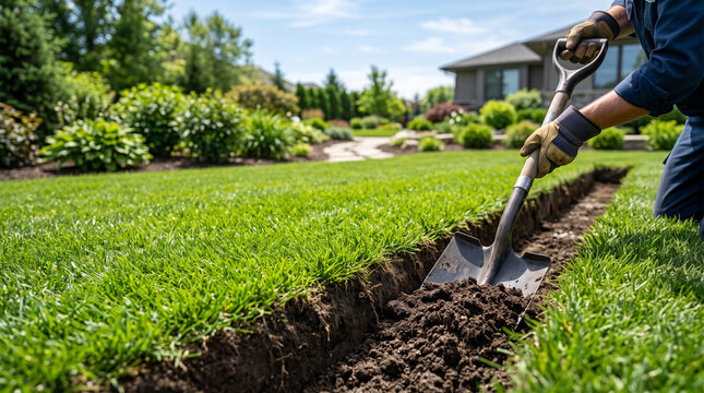 Hands in work gloves digging a shallow trench with a shovel in a green residential lawn