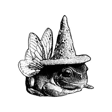 Illustration of a whimsical frog wearing a magical wizard hat and fairy wings with whimsical illustration mythical charismatic amphibian creature storybook monochrome engraving creative