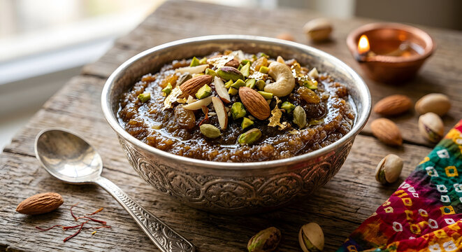 Close Up Sweet Singhare Ka Halwa Dry Fruits Silver Bowl Navratri Special Dessert